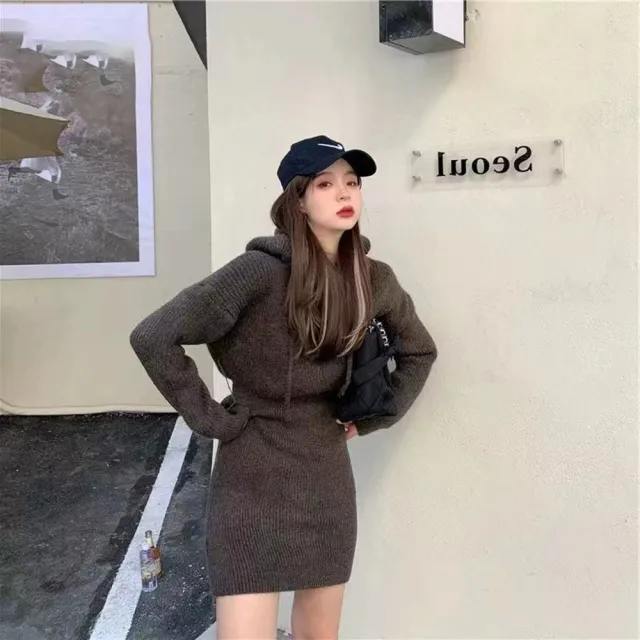 【D.studio】韓版連帽針織洋裝 短裙 套裝 針織上衣 長袖上衣 保暖上衣 秋冬女裝 連衣裙 連身裙S232