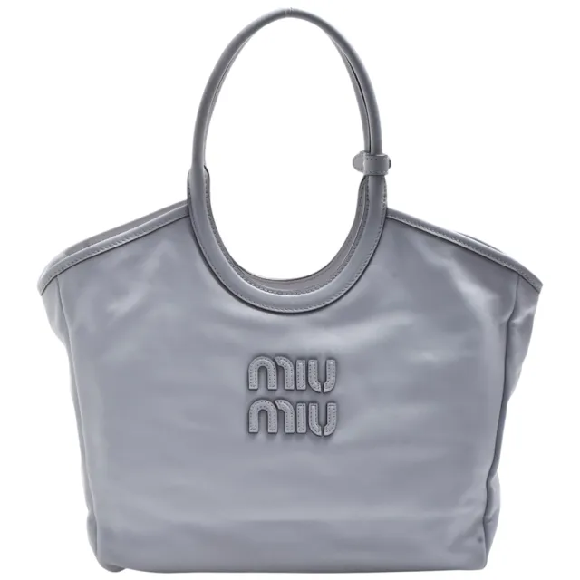 【MIU MIU】經典IVY系列品牌立體字母牛皮手提/托特包(灰藍色)