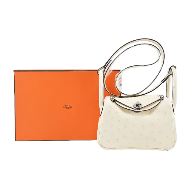 【Hermes 愛馬仕】Mini Lindy 19cm ostrich 稀有鴕鳥皮轉釦手提/肩背兩用包(I2白/B刻/銀釦)