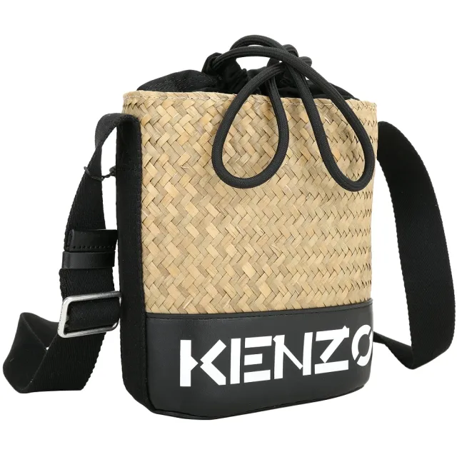 【KENZO】Raffia 字母拼接拉菲草編織斜背水桶包-黑色