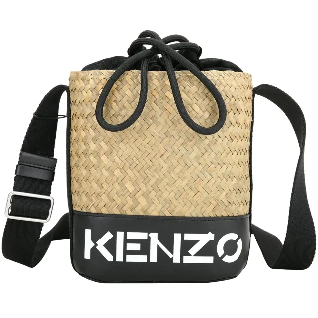 【KENZO】Raffia 字母拼接拉菲草編織斜背水桶包-黑色