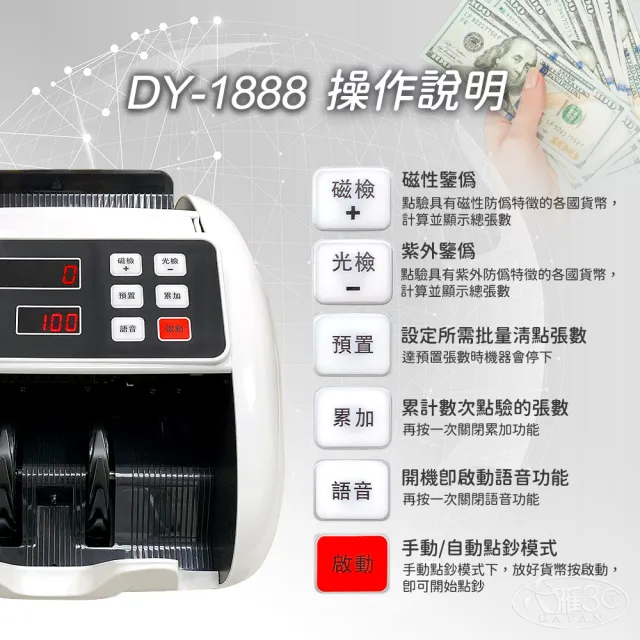 【DAYAN 大雁】DY-1888 迷你多功能點驗鈔機(迷你精巧｜多國幣別｜插電款｜附外接小螢幕+防塵套｜保固一年)