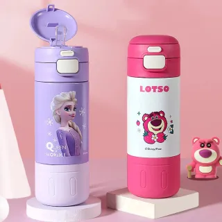 【Disney 迪士尼】316不鏽鋼一蓋雙飲彈蓋輕便提帶吸管直飲保溫杯-500ml(草莓熊/米奇/冰雪奇緣/多款漫威)