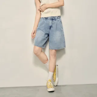 【GIORDANO 佐丹奴】韓系選品 女裝壓褶可調節腰牛仔短褲(多色任選)