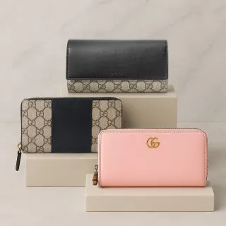 【GUCCI 古馳】經典LOGO壓紋拼接拉鍊掀蓋長夾(多款可選)