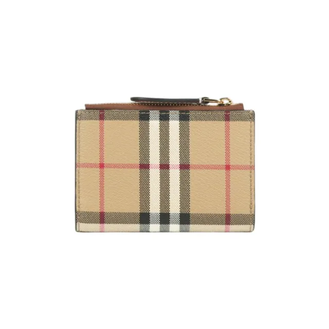 【BURBERRY 巴寶莉】格紋及小牛皮釦式二折短夾(經典米色/石楠木棕)