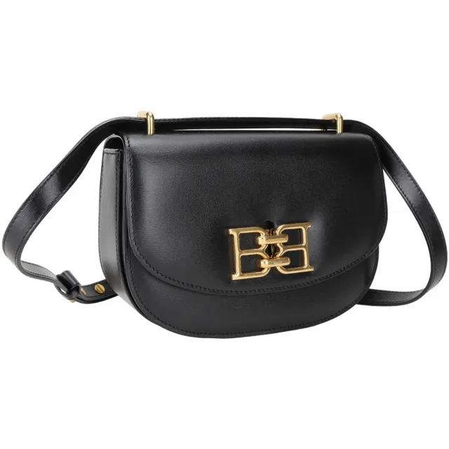 【BALLY】Baily B字旋釦牛皮可滑動背帶肩 斜背馬鞍包-黑色