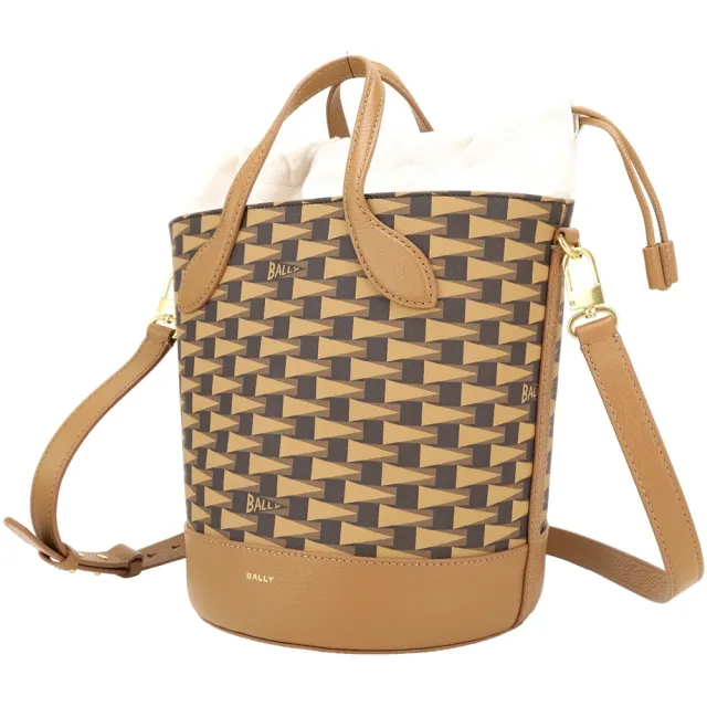 【BALLY】Pennant 老花帆布束口內袋手提 肩斜背水桶包-棕色