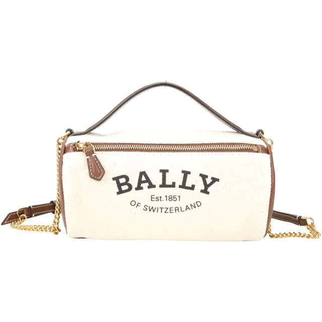 【BALLY】Calyn 字母印花拼帆布手提 肩斜背圓筒包-米白x咖棕