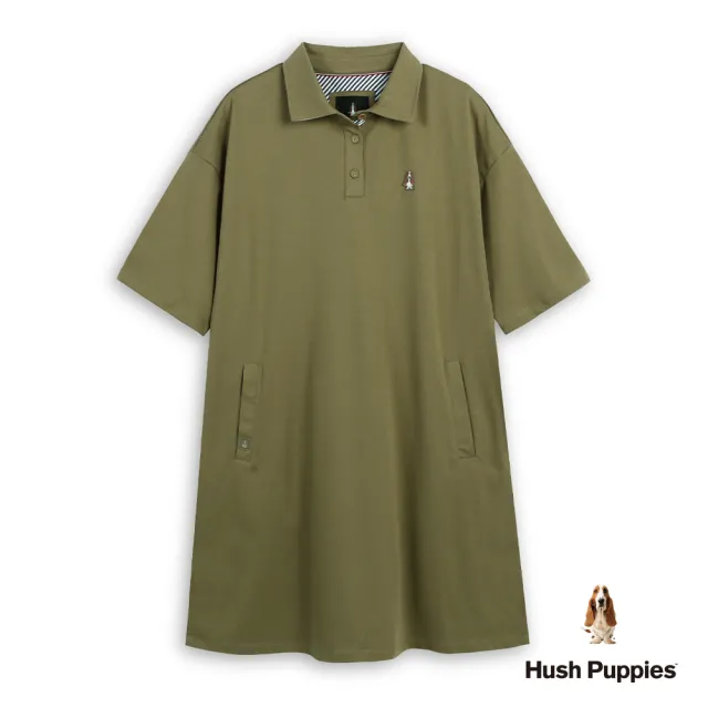 【Hush Puppies】女裝 洋裝 涼感半開襟刺繡小狗落肩洋裝 (卡其綠 / 63215105)