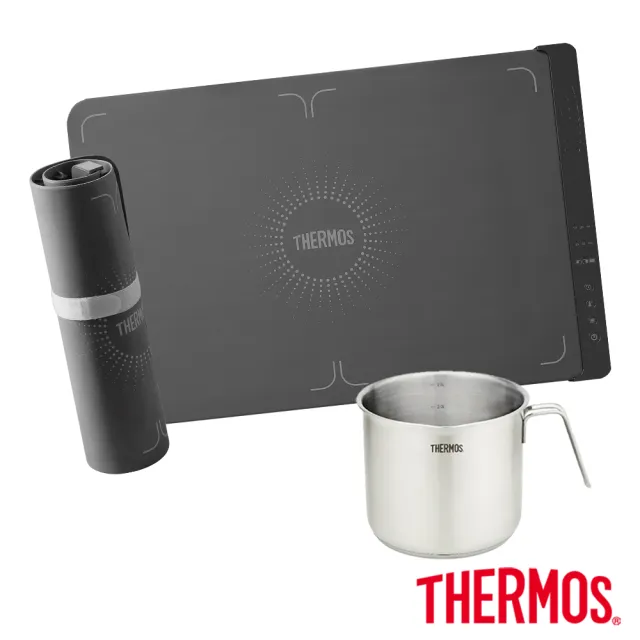 【THERMOS 膳魔師】不鏽鋼彎柄牛奶鍋湯鍋16cm+暖暖好食墊(MLK-S16B+EHAT-5901A-GY)(轉)