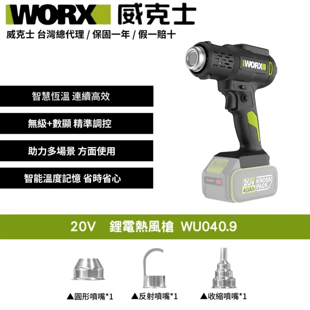【WORX 威克士】鋰電熱風槍  手持熱風槍  無線熱風槍 20-600度 無極調溫 電烤機 熱風槍 水電工程 WU040.9