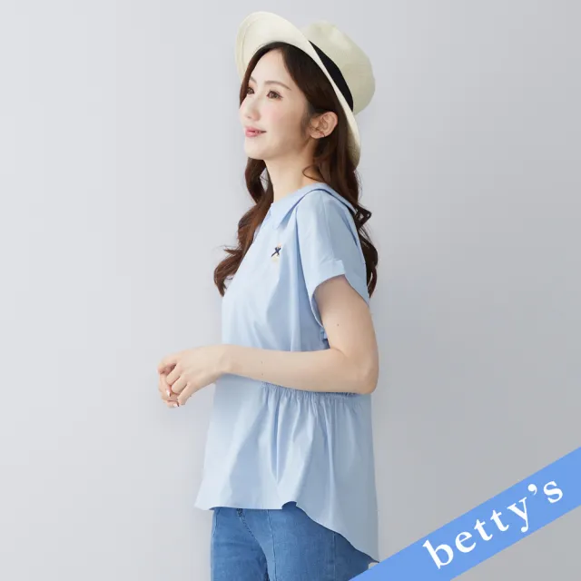 【betty’s 貝蒂思】V領刺繡小熊腰間鬆緊上衣(淺藍)