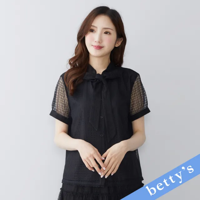 【betty’s 貝蒂思】洞洞蕾絲領口綁帶短袖襯衫(黑色)