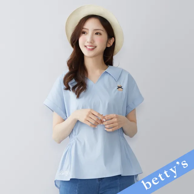 【betty’s 貝蒂思】V領刺繡小熊腰間鬆緊上衣(淺藍)