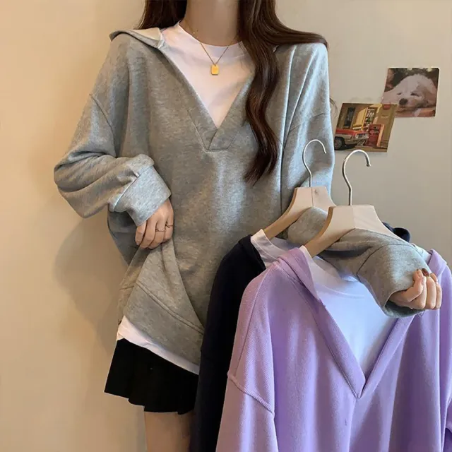 【LANNI 藍尼】★通勤假兩件連帽上衣(女裝/女上衣/帽T/休閒/百搭/日系)