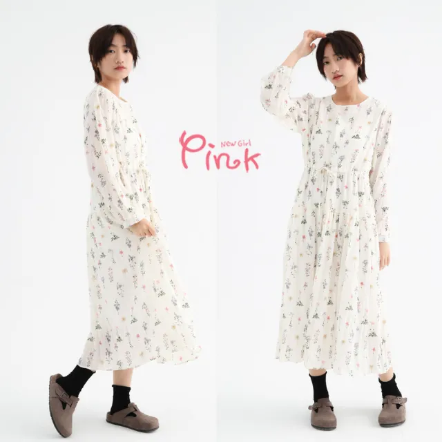 【PINK NEW GIRL】浪漫花草紡紗綁帶洋裝 (2色) A1101BD