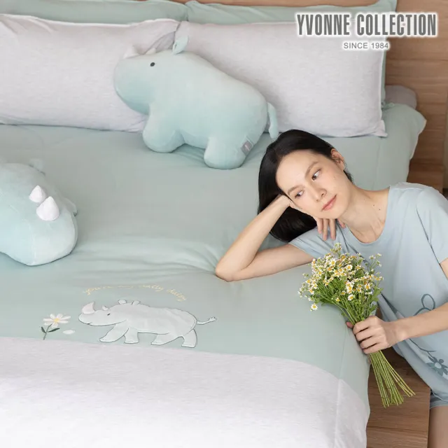 【YVONNE 以旺傢飾】100%美國棉 四季被-小雛菊犀牛 湖水綠(4x5呎 純棉 棉被 水洗 防蹣 台灣製)