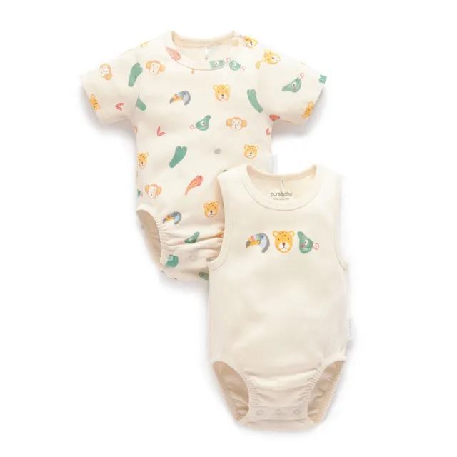 【Purebaby】澳洲有機棉 嬰兒短袖包屁衣雙件組(新生兒連身衣 單組 3款任選 彌月禮)