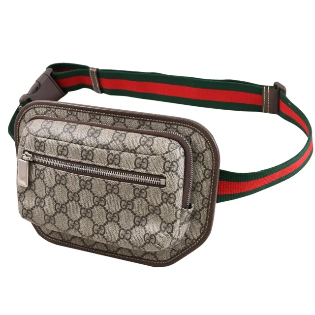 【GUCCI 古馳】GG Supreme 經典雙G印花織帶條紋三用後背斜背腰包(駝)