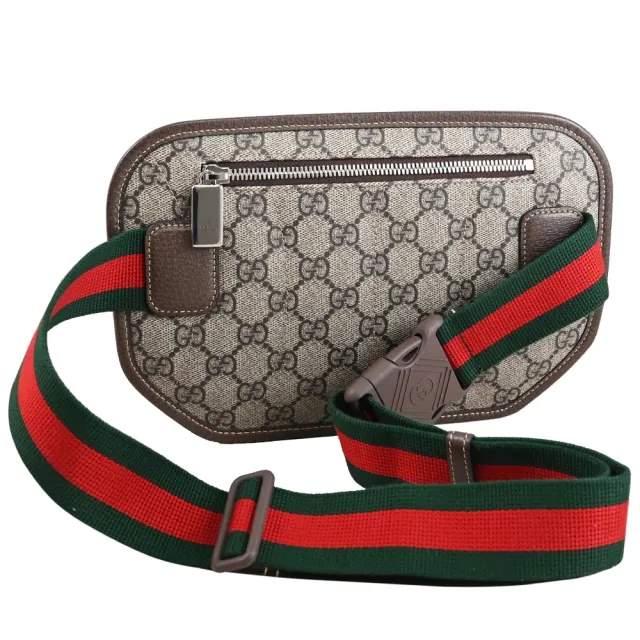 【GUCCI 古馳】GG Supreme 經典雙G印花織帶條紋三用後背斜背腰包(駝)
