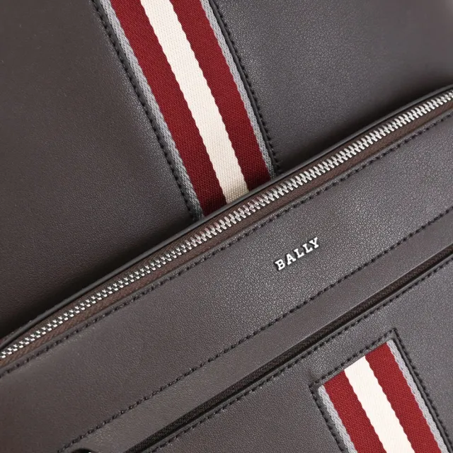 【BALLY】HARYS 經典精緻條紋織帶牛皮商旅包後背包(深咖)