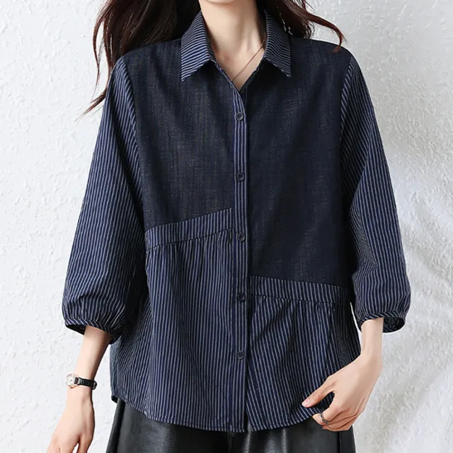 【麗質達人】7093條紋七分袖上衣-LY (L-5XL)