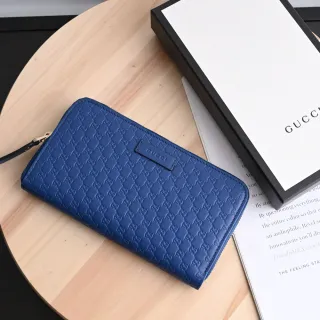 【GUCCI 古馳】經典雙G LOGO小牛皮壓紋拉鍊發財零錢長夾(寶藍)