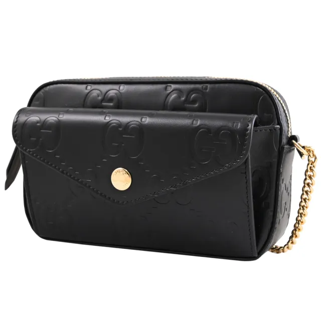 【GUCCI 古馳】GG Super Mini 經典雙G壓紋袋鍊包手機包斜背包(黑)