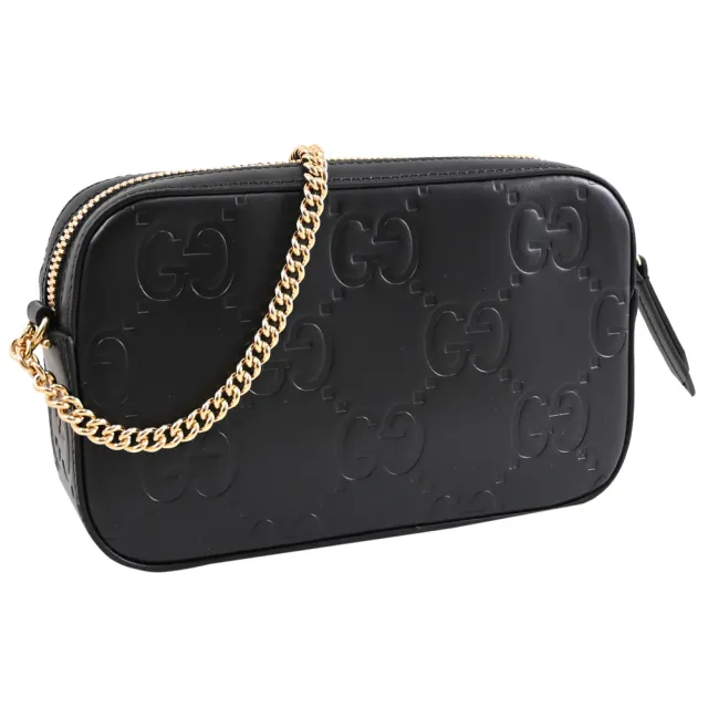 【GUCCI 古馳】GG Super Mini 經典雙G壓紋袋鍊包手機包斜背包(黑)