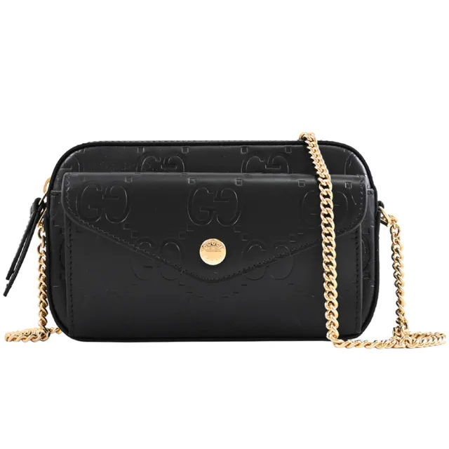 【GUCCI 古馳】GG Super Mini 經典雙G壓紋袋鍊包手機包斜背包(黑)