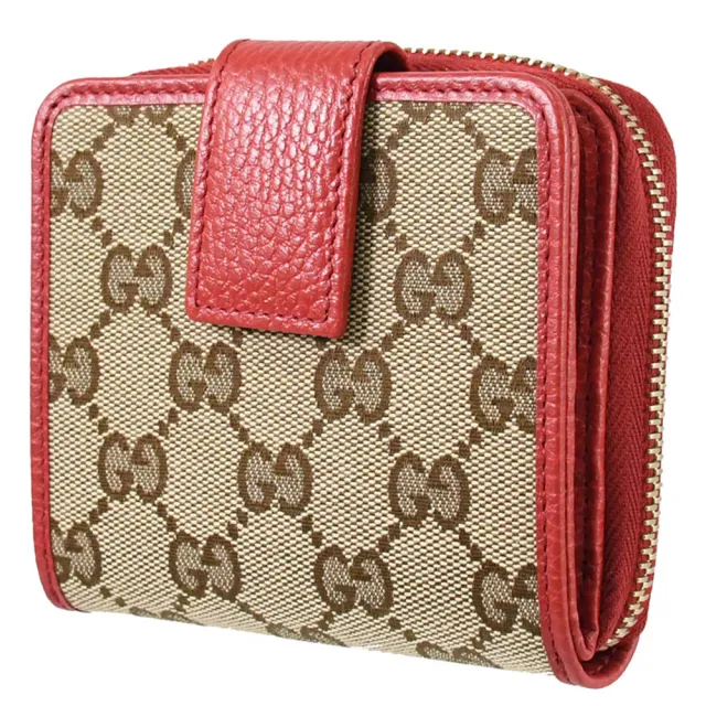 【GUCCI 古馳】經典雙G緹花布雙面扣式零錢短夾(駝/紅)