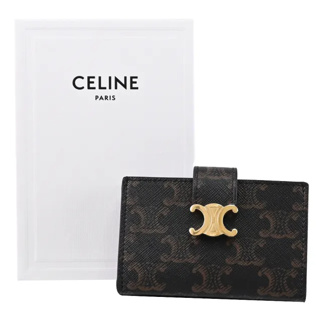 【CELINE】TRIOMPHE 金屬LOGO印花拼接風琴式卡片收納包(深咖)