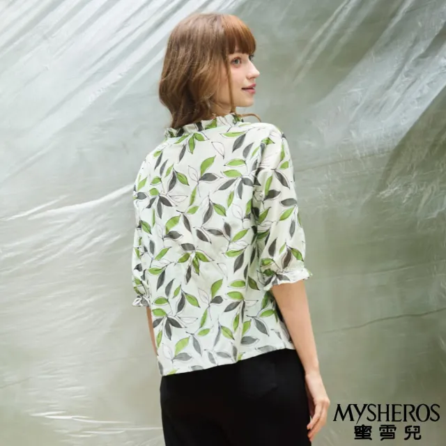 【MYSHEROS 蜜雪兒】絲棉造型上衣 綠葉圖紋 荷葉邊珍珠綁帶領(綠)