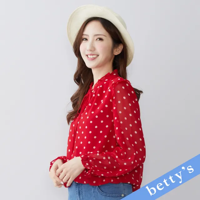 【betty’s 貝蒂思】荷葉邊領口綁帶點點雪紡上衣(紅色)