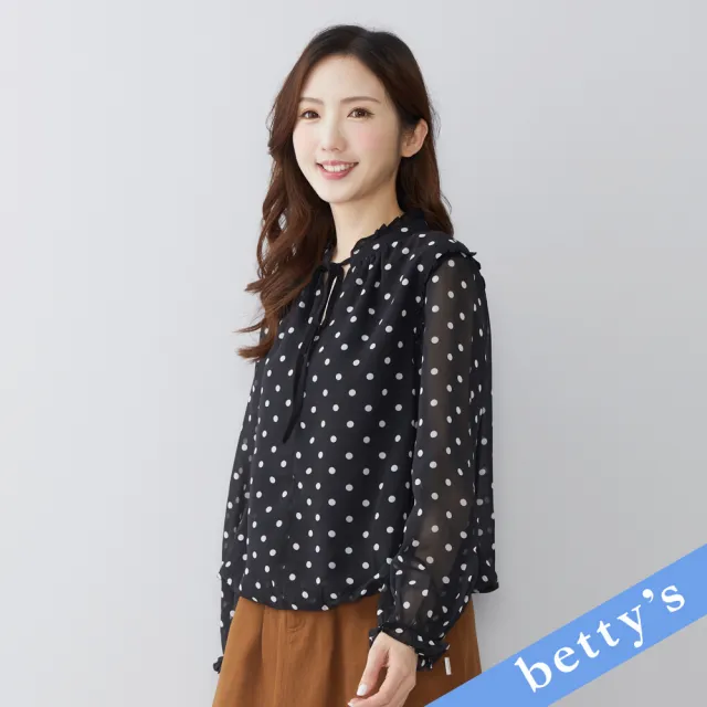 【betty’s 貝蒂思】荷葉邊領口綁帶點點雪紡上衣(黑色)