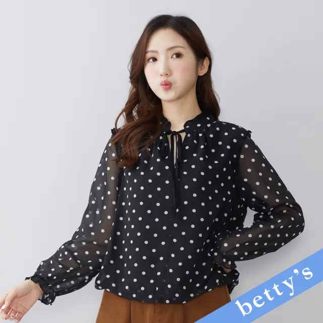 【betty’s 貝蒂思】荷葉邊領口綁帶點點雪紡上衣(黑色)（其他規格）