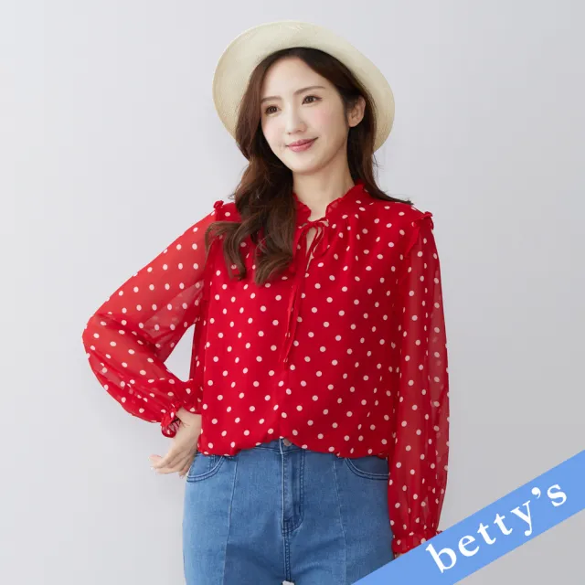 【betty’s 貝蒂思】荷葉邊領口綁帶點點雪紡上衣(紅色)