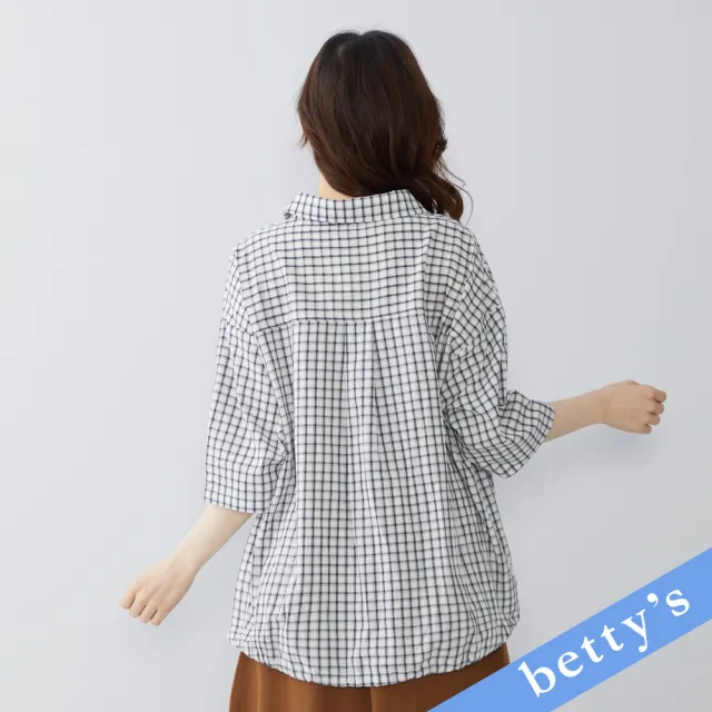 【betty’s 貝蒂思】微笑刺繡綁帶格紋七分袖襯衫(黑色)