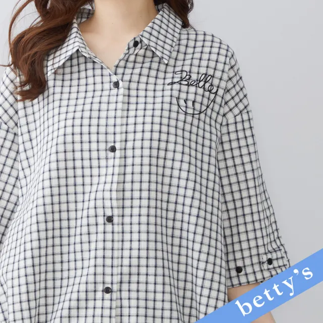 【betty’s 貝蒂思】微笑刺繡綁帶格紋七分袖襯衫(黑色)