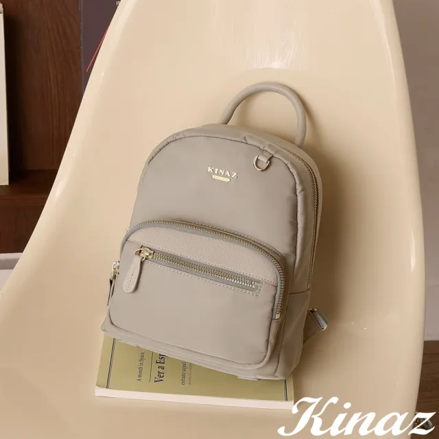 【KINAZ】多袋防盜釦拉鍊拼接皮革防潑水尼龍手提後背包-霧草晨光-小旅程系列