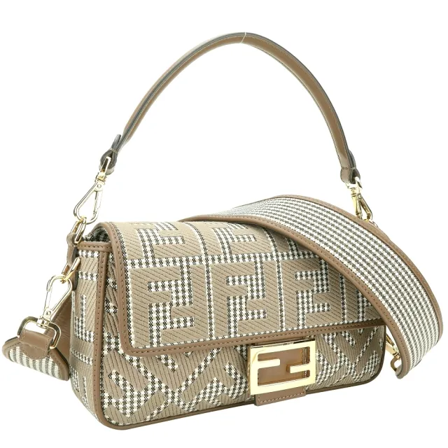 【FENDI 芬迪】Baguette FF 刺繡羊毛千鳥格紋翻蓋肩背包-棕色