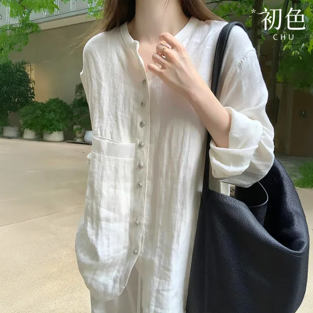 【初色】復古中式素色亞麻防曬銀色單排扣垂感襯衫上衣女上衣-白色-19001(M-2XL可選)