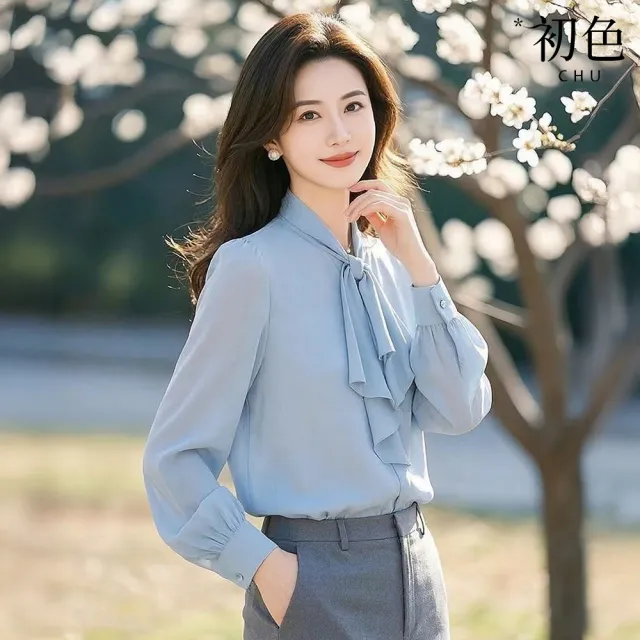 【初色】法式雪紡飄帶燈籠袖長袖襯衫上衣女上衣-藍色-18952(M-2XL可選)