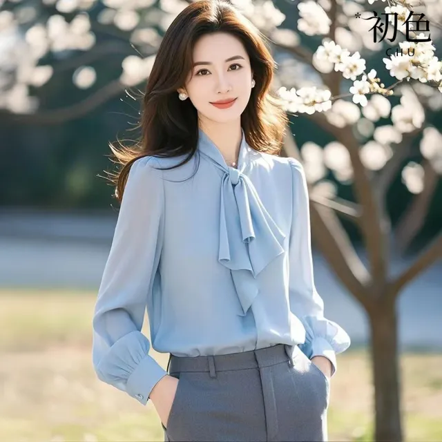 【初色】法式雪紡飄帶燈籠袖長袖襯衫上衣女上衣-藍色-18952(M-2XL可選)