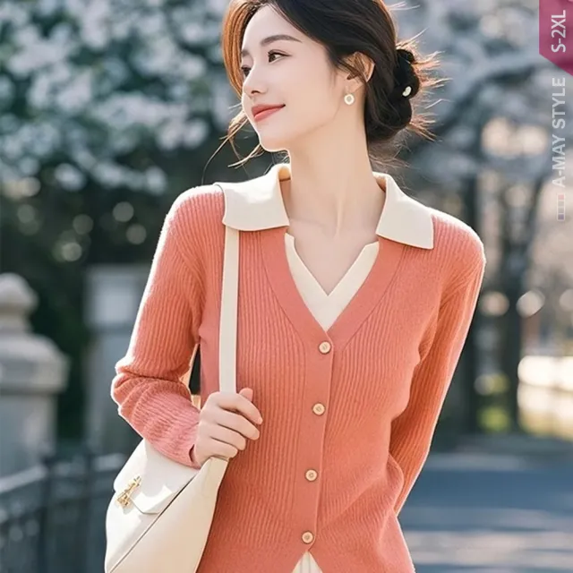 【Amay Style 艾美時尚】中大尺碼女裝 針織衫 POLO衫 假兩件拼色顯瘦針織長袖上衣。S-2XL(4色.預購)