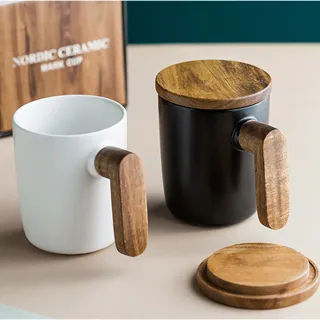 【LIFE SHOP】北歐風原木杯蓋陶瓷馬克杯 咖啡杯 紅茶杯 泡茶杯 馬克杯 交換禮物