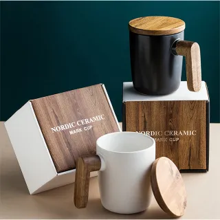 【LIFE SHOP】北歐風原木杯蓋陶瓷馬克杯 咖啡杯 紅茶杯 泡茶杯 馬克杯 交換禮物