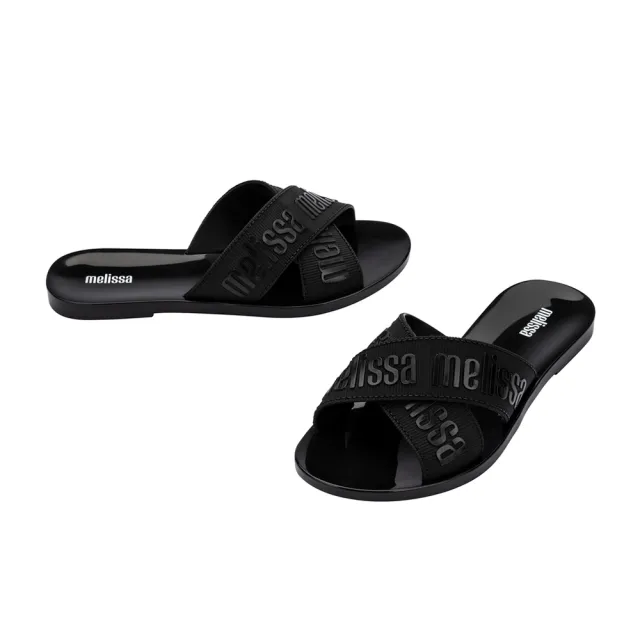 【Melissa】LOGO雙帶交叉平底拖鞋(黑色)