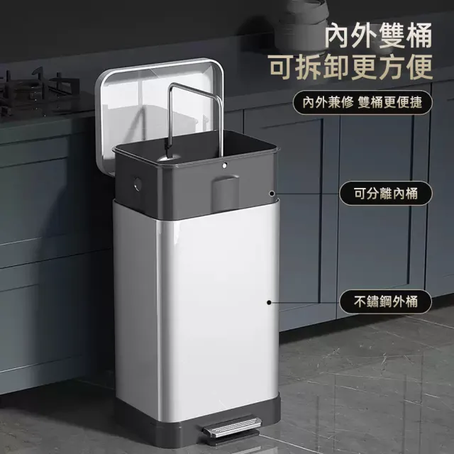 【巧可】20L高端不銹鋼垃圾桶 廚房帶蓋垃圾桶 靜音緩降垃圾桶 大容量雙桶垃圾桶 腳踏式垃圾桶 90度定蓋